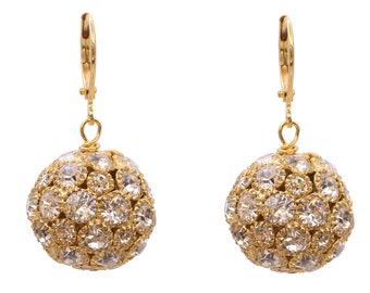 Gold Crystal Ball Earrings with Swarovski Crystals 14mm Dangle Ball Earrings Disco Ball Earrings