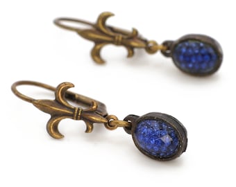 Dangle Drop Earrings with Vintage Antique Gold Top and Beautiful Oval Lapis like Crystal on the Bottom Lever back Wires