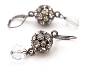 Pendientes de bola de cristal de bronce negro con cristales de Swarovski Pendientes de bola doble de 12 mm Pendientes de bola de discoteca