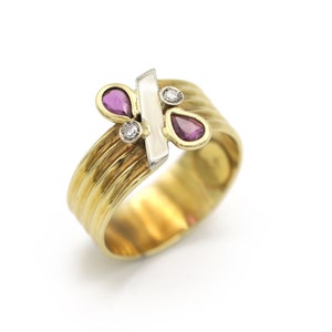 Vintage 14k Yellow Gold Ring with  Natural Rubies and Natural Diamonds Small Ring Size 4.25 Solid Gold