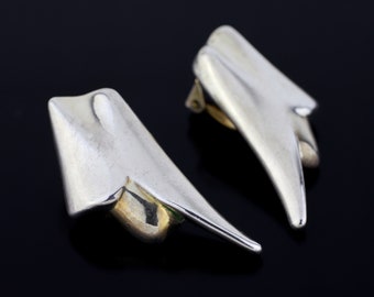 Vintage Modern Sleek Style Clipon Earrings, Sterling Silver 925 and 18k Yellow Gold Vermeil
