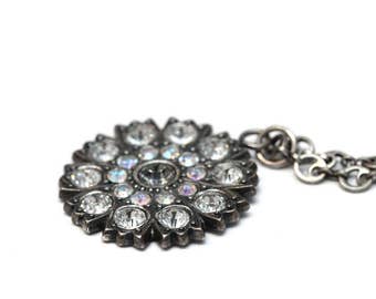 Swarovski Crystal Flower Pendant in Antique Silver with Crystal AB