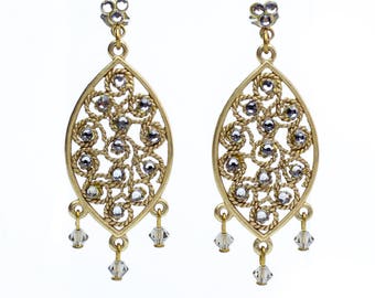 Gold Dangle Earrings, Chandelier Earrings with Black Diamond Swarovski Crystals, Filigree Design