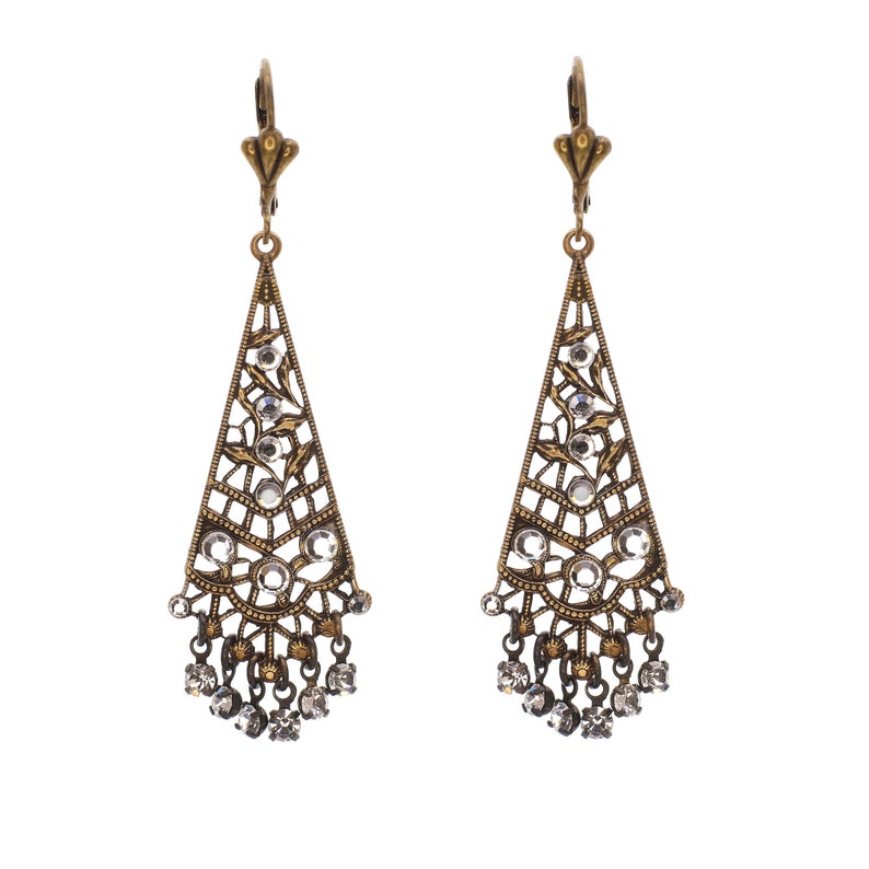 Chandelier Earrings with Clear Diamond Swarovski Crystals in Antique Gold image 1