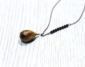 Long Pendant Necklace with a Genuine Tigers Eye Faceted Pendant and Swarovski Crystals