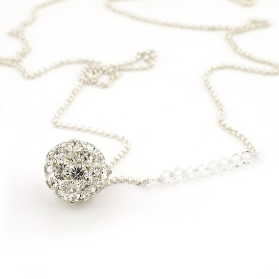 Long Silver Necklace With Crystal Ball Pendant Long Pendant