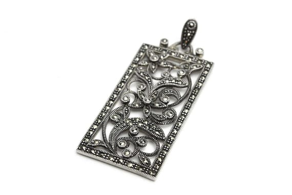 Sterling Silver Rectangular Pendant with Marcasit… - image 1