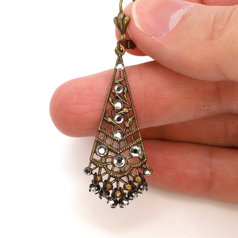 Chandelier Earrings with Clear Diamond Swarovski Crystals in Antique Gold image 4