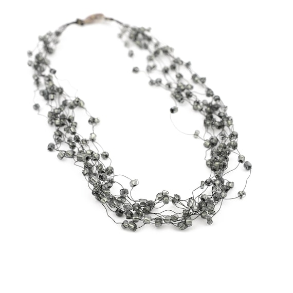 Multi Strand Invisible Wire Black Grey Beaded Necklace Choker