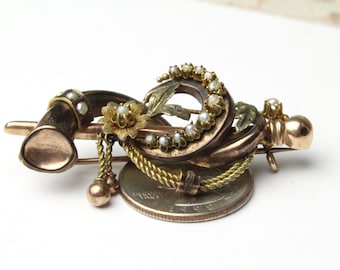 Antique 10k Gold Brooch Pin with Small Genuine Pearls