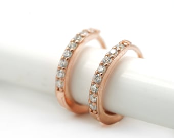 18k Rose Gold Vermeil Sterling Silver Hoop Earrings with Cubic Zirconia Stones Minimalist Hoops, 1/2"