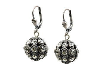 Silver Faberge Style Ball Earrings with Swarovski Crystals in Black Diamond and Clear Crystals Dangle Ball Earrings 14mm Earrings Jewelry