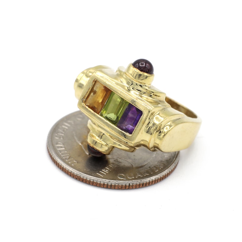 Anillo Art Déco vintage de oro amarillo de 14 kt: amatista, peridoto y citrino imagen 6