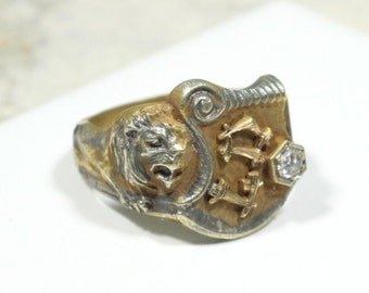 Vintage Lion Ring with Diamond 1900's Statement Ring Royal Ring 14k Gold