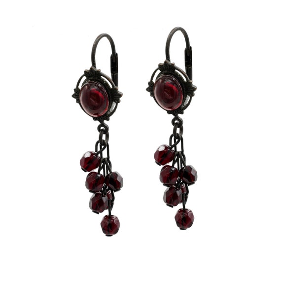Long Red Dangle Crystal Earrings, with Vintage An… - image 1