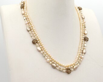 Vintage Freshwater Three Strand Pearl Necklace with Flower Beads and Silver Ovals 16"