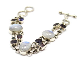 Genuine Moonstone Bracelet in Sterling Silver 925 with Genuine Amethysts, Garnets, Blue Topaz and Yellow Citrine 7-7.5" Long