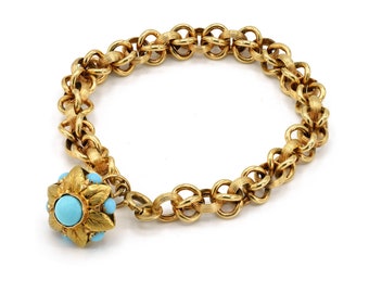 Vintage 18k Yellow Gold and Turquoise Gemstone Charm Bracelet 8"