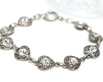 Vintage Silver Heart Bracelet with Clear Crystals 7.5" Long