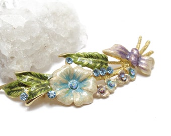 Alfiler/broche de flor esmaltada con cristales Swarovski