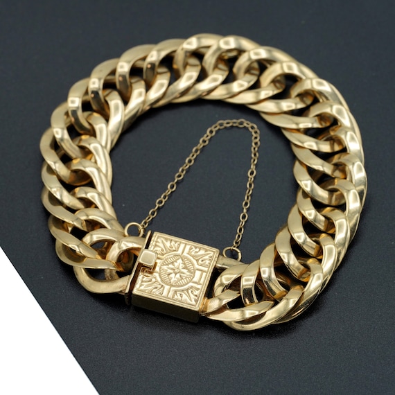 Vintage Curved Link Heavyweight Bracelet 14k Yellow Gold