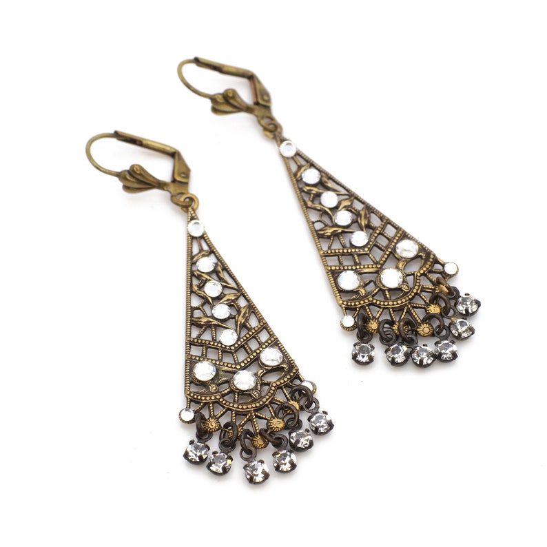 Chandelier Earrings with Clear Diamond Swarovski Crystals in Antique Gold image 2