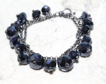 Crystal Charm Bracelet in Navy and Genuine Hematite 7"