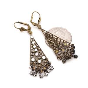 Chandelier Earrings with Clear Diamond Swarovski Crystals in Antique Gold image 3