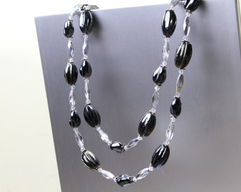 Long Necklace of Vintage Hematite Art Deco Beads with Sterling Silver and Swarovski Crystals 48" Long