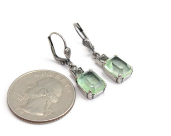Light Green Diamond Swarovski Crystal Dangle Earring Emerald Cut Approx. 7.5 CTTW