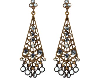 Chandelier Earrings with Baby Blue Diamond Swarovski Crystals in Antique Gold, Dangle Post Earrings, Lace Earrings
