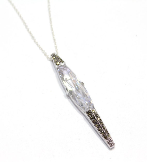 Long Sterling Silver, CZ and Marcasite Pendant