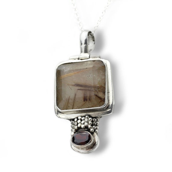 Garnet and Quartz Pendant for Necklaces with Sterl