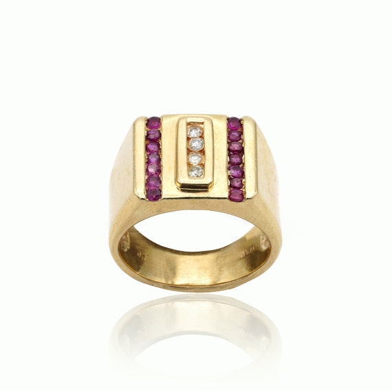 Vintage 14k Gold Diamond and Ruby Signet Ring 1.2… - image 1