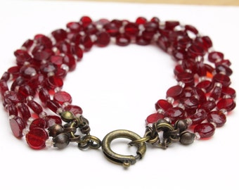 Red Beaded Bracelet with Vintage Red Beads and Antique Gold Spring Ring 7.5" Holiday Gift, Multi Strand Bracelet