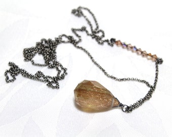 Long Pendant Necklace with a Faceted Rutlated Sparkly Crystal Pendant and Swarovski Crystals