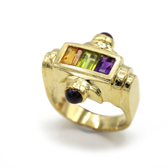 Vintage Art Deco 14kt Yellow Gold Ring: Amethyst, Peridot & Citrine
