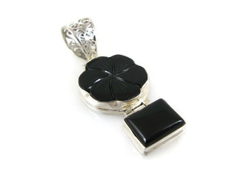 Sterling Silver and Hand Carved Black Onyx Flower Pendant Necklace with Free Chain