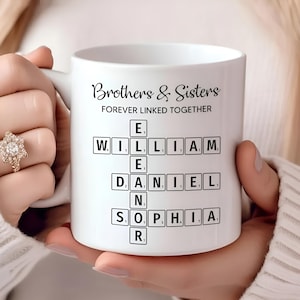 Brothers & Sisters Forever Linked Together Crossword Puzzle Art Personalized Mug, Gift For Brothers, Sisters, Siblings, Family