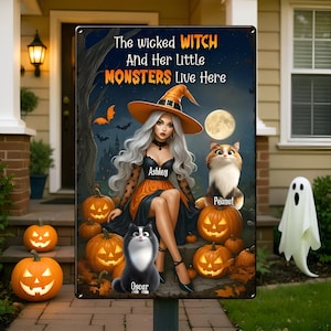 The Wicked Witch and Her Little Monster Live Here Personalized Metal Sign, Halloween Decor for Cat Lovers