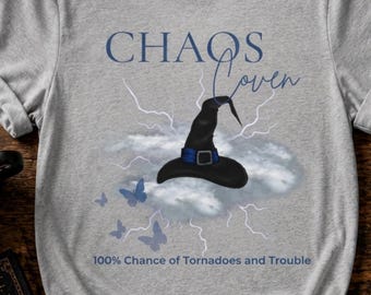 Chaos Coven Tornadoes and Trouble Halloween T Shirt, Blue Witch Hat and Butterflies