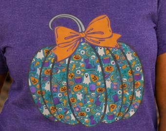 Colorful Halloween Pumpkin T-Shirt, Ghost, Candy & Witchy Things Pattern Graphic Tee