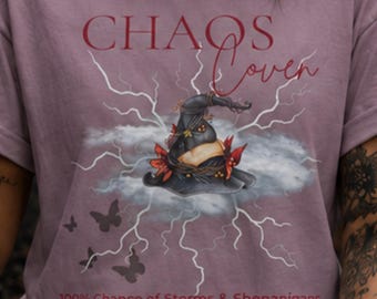 Chaos Coven Storms and Shenanigans Halloween T Shirt, Witch Hat with Flowers Design
