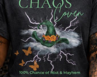 Chaos Coven Mist and Mayhem Halloween T Shirt, Green Witch Hat with Flowers Design