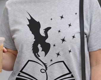 Book Dragon Shirt, Magic Fantasy Graphic Tee, Reader Gift