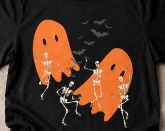 Dancing Skeleton Halloween T-Shirt, Fun Ghost & Bat Design