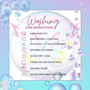 Washing and care instructions for printed graphic t-shirt, machine wash cold and tumble dry low