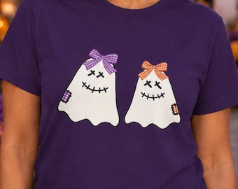 Halloween Ghost T-Shirt, Colorful Ghosts with Gingham Bows