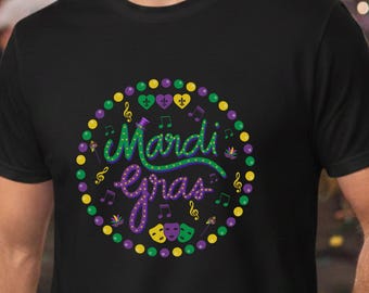 Mardi Gras Music Graphic Tee, New Orleans Carnival Shirt, Beads and Masks Parade Outfit