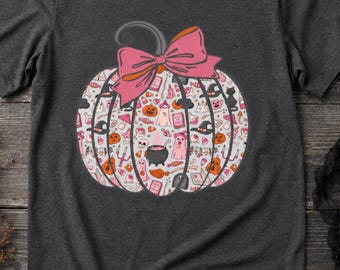 Pink Bow Halloween Pumpkin T-Shirt, Colorful Ghost, Candy & Witchy Pattern Graphic Tee